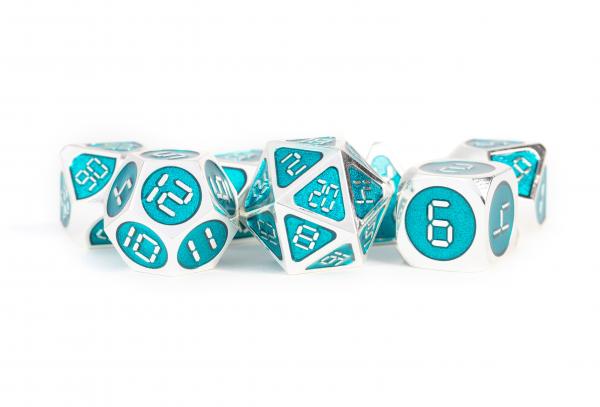 Digital Enamel Metal Dice Set: 16mm Silver with Teal Enamel