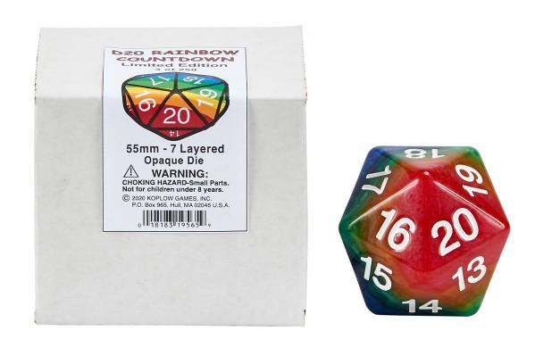 Single Dice: 55mm 7-Layered Opaque Rainbow Countdown D20  [LIMITED PRINT RUN]