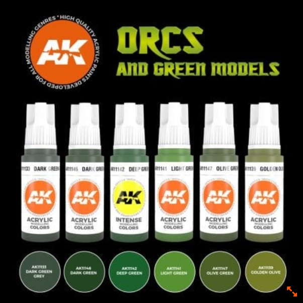 AK-Interactive: 3rd Gen Acrylics - Orcs and Green Models Acrylic Paint Set (Box of 6 Paints)
