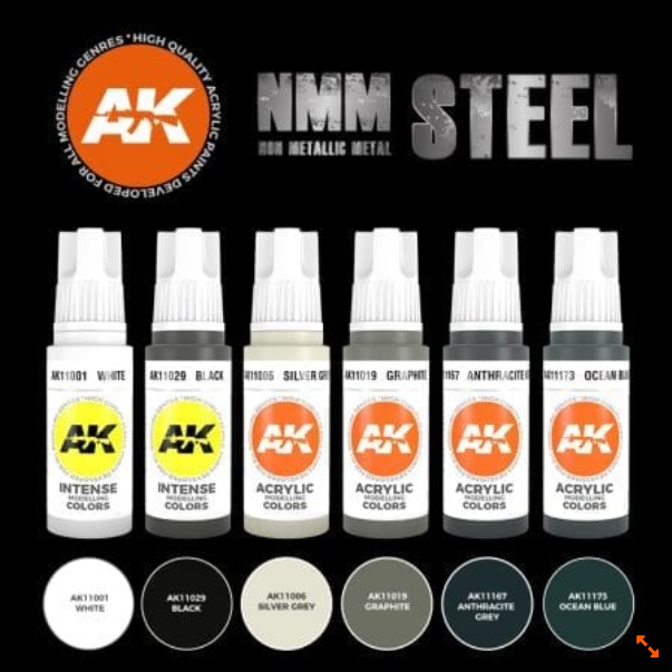 AK-Interactive: 3rd Gen Acrylics - Non-metallic Metal Steel Acrylic Paint Set (Box of 6 Paints)