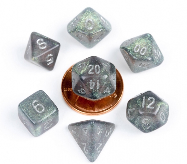 Mini Polyhedral Dice Set: (10mm) Mini Stardust Grey with Silver Numbers (7)