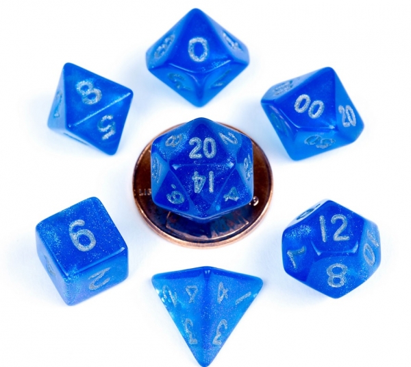 Mini Polyhedral Dice Set: (10mm) Mini Stardust Blue with Silver Numbers (7)