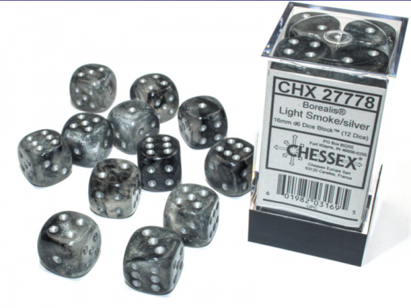 Chessex Borealis 16mm d6 Light Smoke/silver Luminary Dice Block (12 dice)