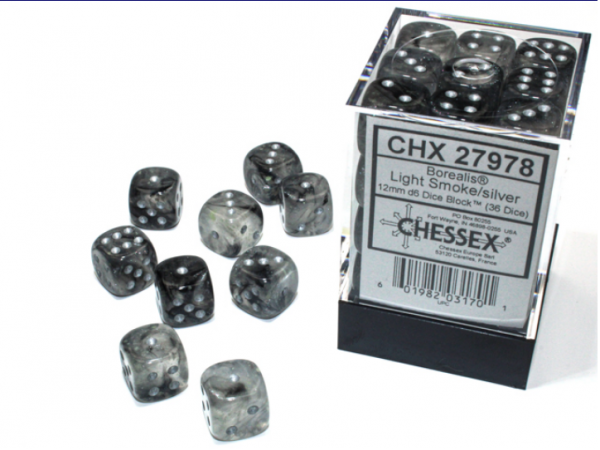 Chessex Borealis 12mm d6 Light Smoke/silver Luminary Dice Block (36 dice)