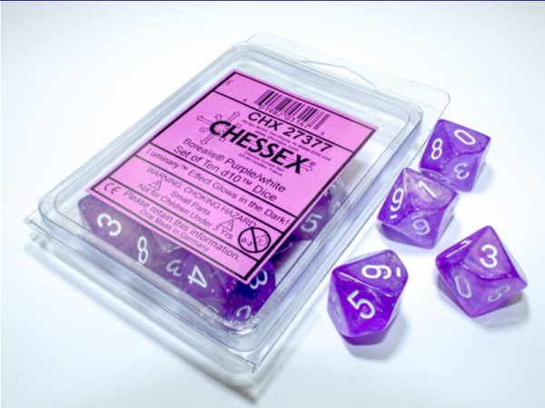 Chessex Borealis Purple/white Luminary Set of Ten d10s