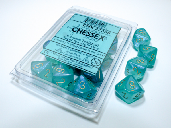 Chessex Borealis Teal/gold Luminary Set of Ten d10s