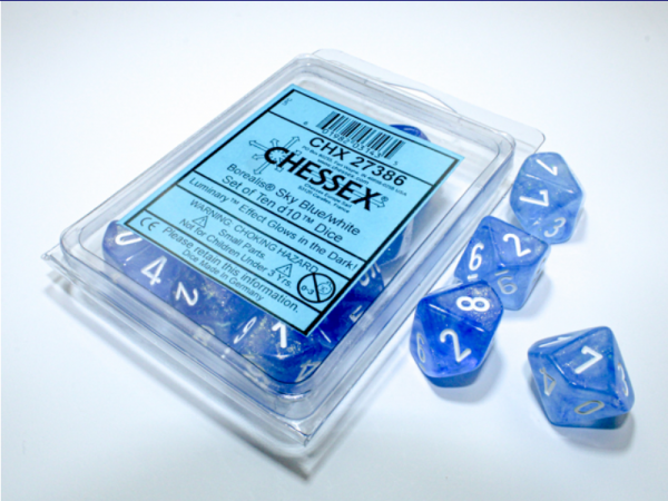 Chessex Borealis Sky Blue/white Luminary Set of Ten d10s