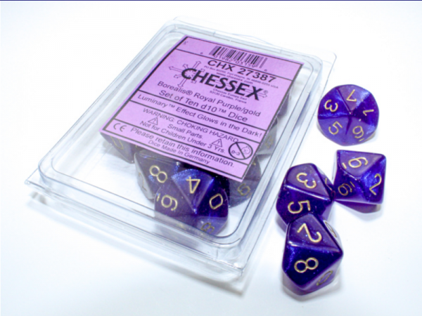 Chessex Borealis Royal Purple/gold Luminary Set of Ten d10s