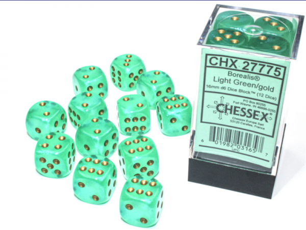 Chessex Borealis 16mm d6 Light Green/gold Luminary Dice Block (12 dice)