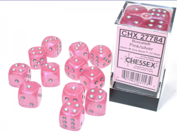 Chessex Borealis 16mm d6 Pink/silver Luminary Dice Block (12 dice)