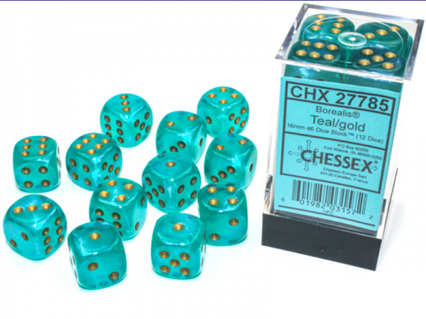 Chessex Borealis 16mm d6 Teal/gold Luminary Dice Block (12 dice)