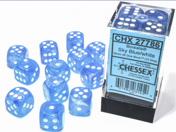 Chessex Borealis 16mm d6 Sky Blue/white Luminary Dice Block (12 dice)