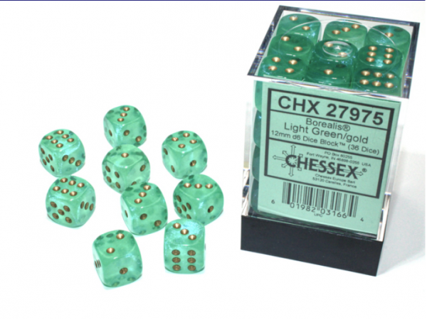 Chessex Borealis 12mm d6 Light Green/gold Luminary Dice Block (36 dice)