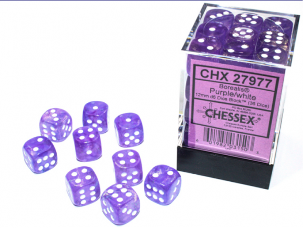 Chessex Borealis 12mm d6 Purple/white Luminary Dice Block™ (36 dice)