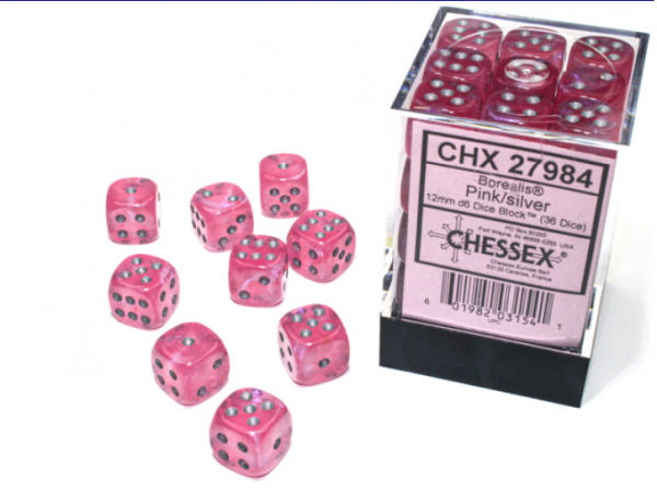 Chessex Borealis 12mm d6 Pink/silver Luminary Dice Block (36 dice)