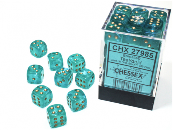 Chessex Borealis 12mm d6 Teal/gold Luminary Dice Block (36 dice)
