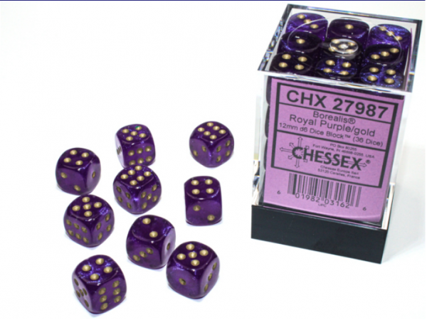 Chessex Borealis 12mm d6 Royal Purple/gold Luminary Dice Block (36 dice)