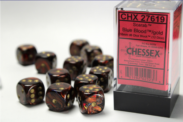 Chessex Dice Sets: Blue Blood/Gold Scarab 16mm d6 (12)