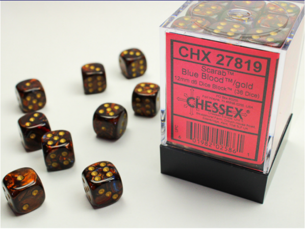 Chessex Dice Sets: Blue Blood/Gold Scarab 12mm d6 (36)