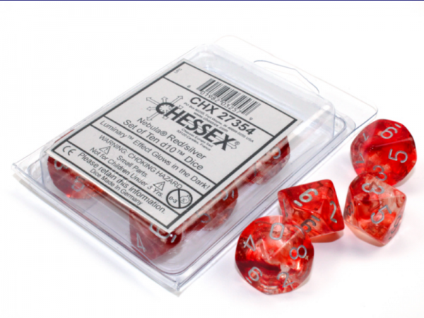 Chessex Dice Sets: Nebula Red/Silver Luminary d10 Set (10)