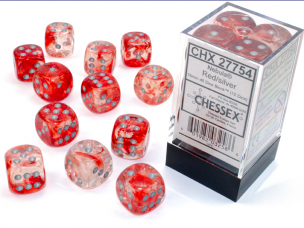 Chessex Dice Sets: Nebula Red/Silver Luminary 16mm d6 Dice Block (12)