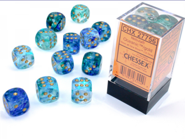 Chessex Dice Sets: Nebula Oceanic/Gold Luminary 16mm d6 Dice Block (12)