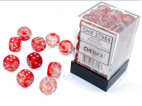 Chessex Dice Sets: Nebula Red/Silver Luminary 12mm d6 Dice Block (36)