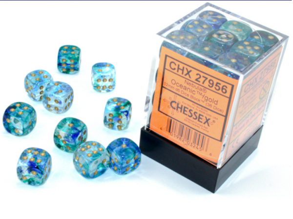 Chessex Dice Sets: Nebula Oceanic/Gold Luminary 12mm d6 Dice Block (36)
