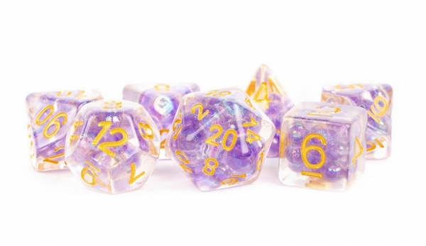 Polyhedral Dice Set: (Resin) Pearl Purple Poly Set - Purple w/ Gold Numbers 7-die set (16mm)