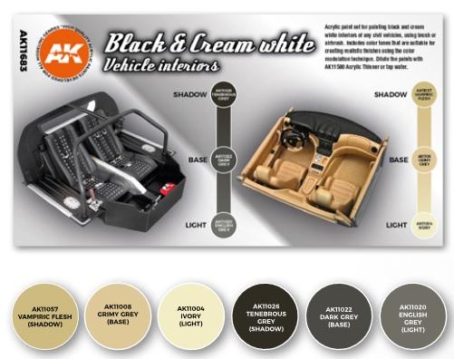 AK-Interactive: 3rd Gen Acrylics - Black & Cream White Vehicle Interiors Color Set