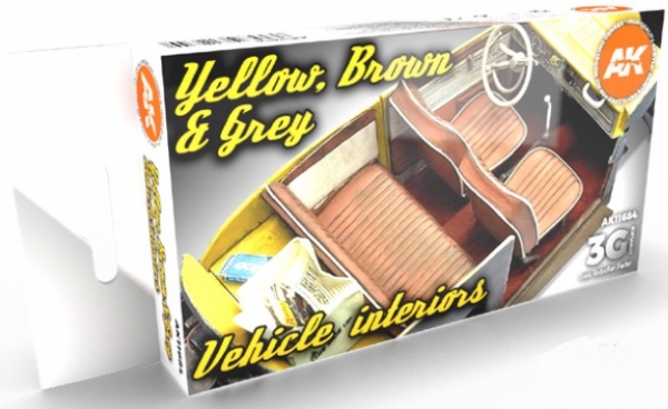 AK-Interactive: 3rd Gen Acrylics - Yellow, Brown & Grey Vehicle Interiors Color Set