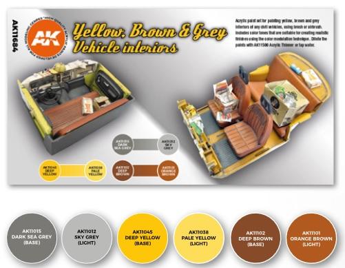 AK-Interactive: 3rd Gen Acrylics - Yellow, Brown & Grey Vehicle Interiors Color Set