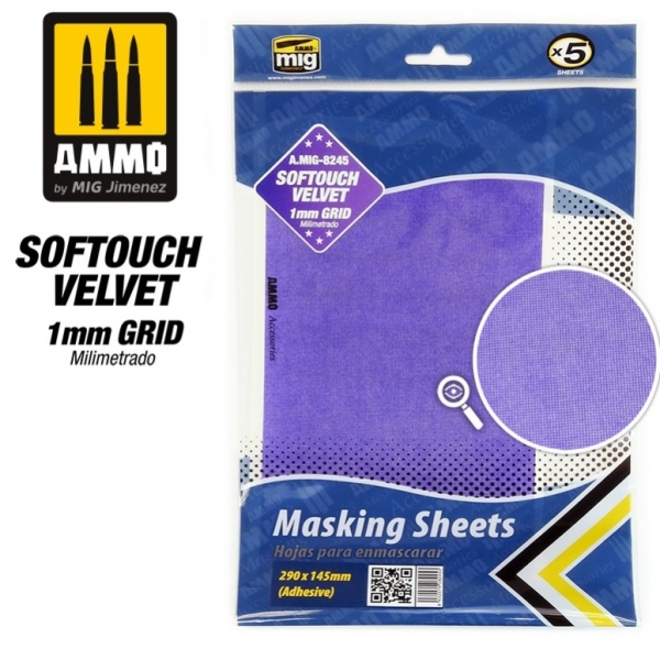 AMMO: Softouch Velvet Masking Sheets 1mm Grid (x5 sheets, 290mm x 145mm, adhesive)