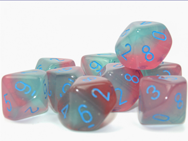 Chessex Dice Sets: Gemini Gel Green-Pink/Blue Luminary Set of 10 d10s