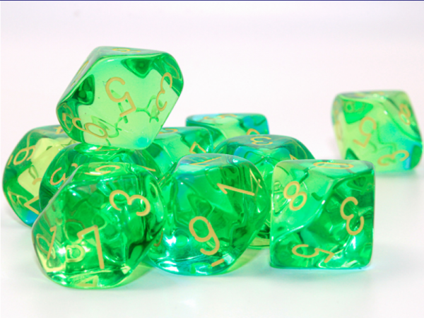 Chessex Dice Sets: Gemini Translucent Green-Teal/Yellow Set of 10 d10s