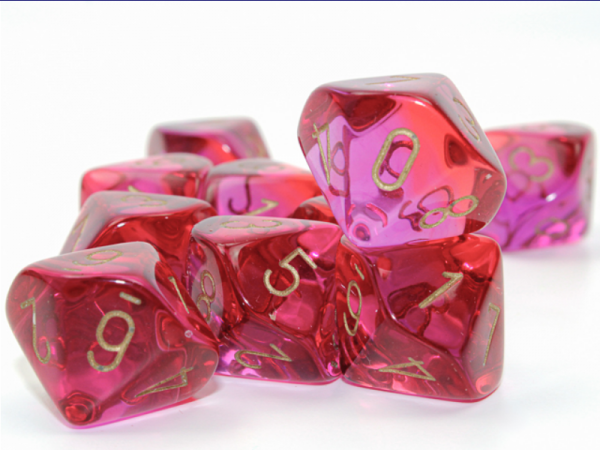 Chessex Dice Sets: Gemini Translucent Red-Violet/Gold Set of 10 d10s
