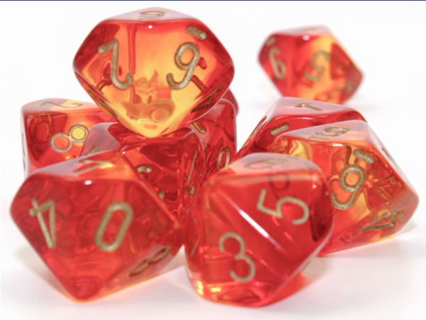 Chessex Dice Sets: Gemini Translucent Red-Yellow/Gold Set of 10 d10s