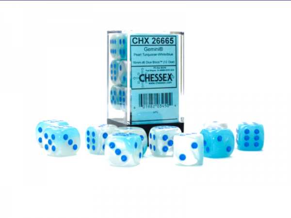 Chessex Dice Sets: Gemini 16mm d6 Pearl Turquoise-White/Blue Luminary Dice Block (12 dice)