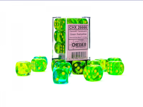 Chessex Dice Sets: Gemini 16mm d6 Translucent Green-Teal/Yellow Dice Block (12 dice)