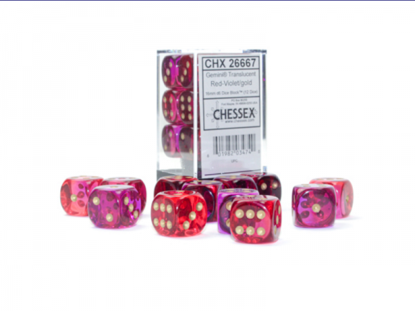 Chessex Dice Sets: Gemini 16mm d6 Translucent Red-Violet/Gold Dice Block (12 dice)