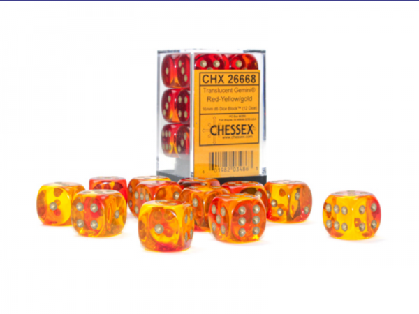 Chessex Dice Sets: Gemini 16mm d6 Translucent Red-Yellow/Gold Dice Block (12 dice)