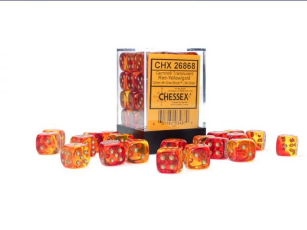 Chessex Dice Sets: Gemini 12mm d6 Translucent Red-Yellow/gold Dice Block (36 dice)