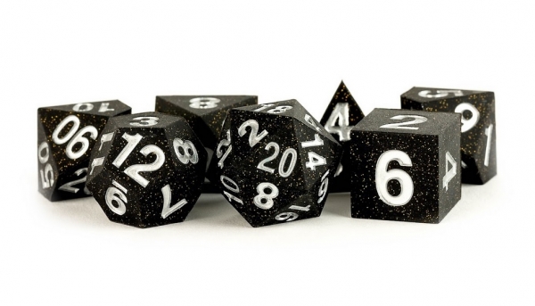 Metallic Dice: 16mm Sharp Edge Silicone Rubber Poly Dice Set (7) - Gold Scatter