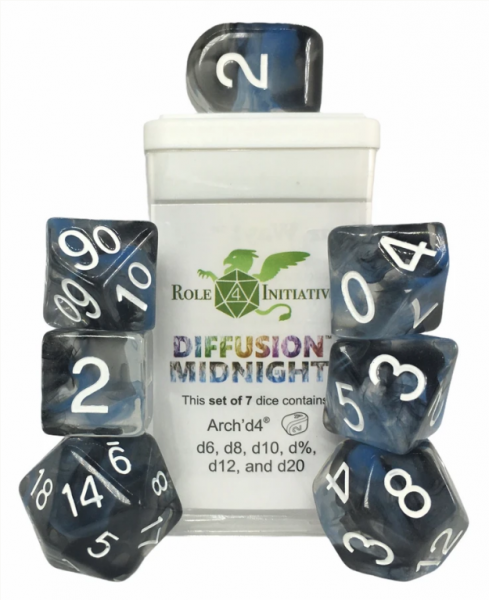 Polyhedral Dice Set: Diffusion Midnight dice w/ Archd4 & Balanced20 (7)