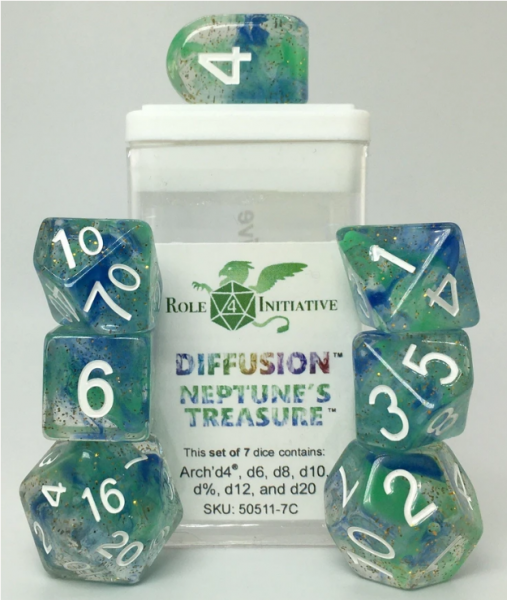 Polyhedral Dice Set: Diffusion Neptunes Treasure dice w/ Archd4 & Balanced20 (7)