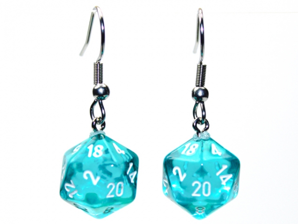 Hook Earrings: Translucent Teal Mini-Poly d20 Pair