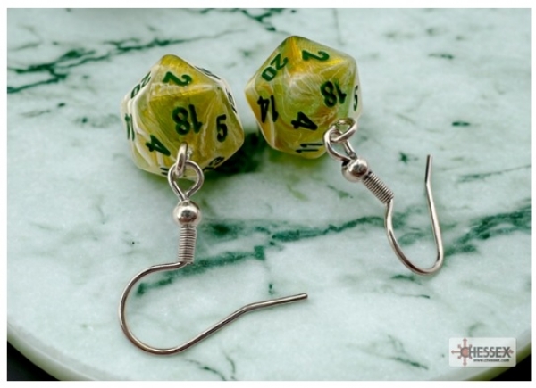 Hook Earrings: Marble Green Mini-Poly d20 Pair