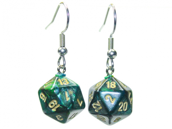 Hook Earrings: Scarab Jade Mini-Poly d20 Pair