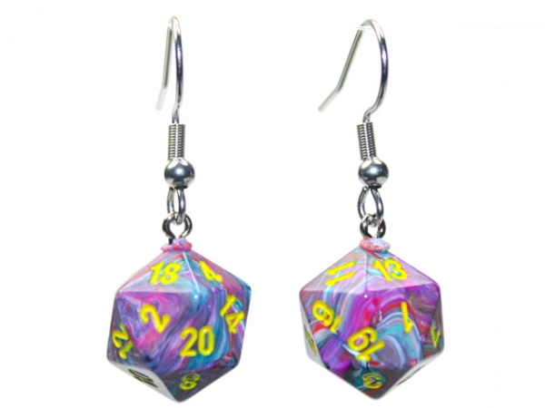 Hook Earrings: Festive Mosaic Mini-Poly d20 Pair