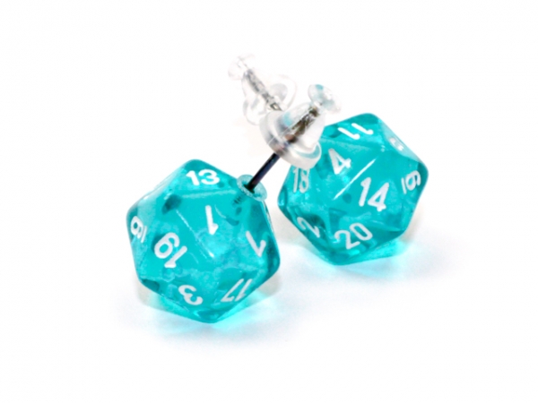 Stud Earrings: Translucent Teal Mini-Poly d20 Pair
